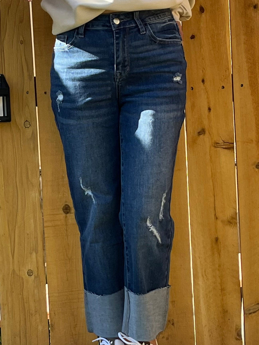 Western Folded Cuffs Distressed High Waist Jeans