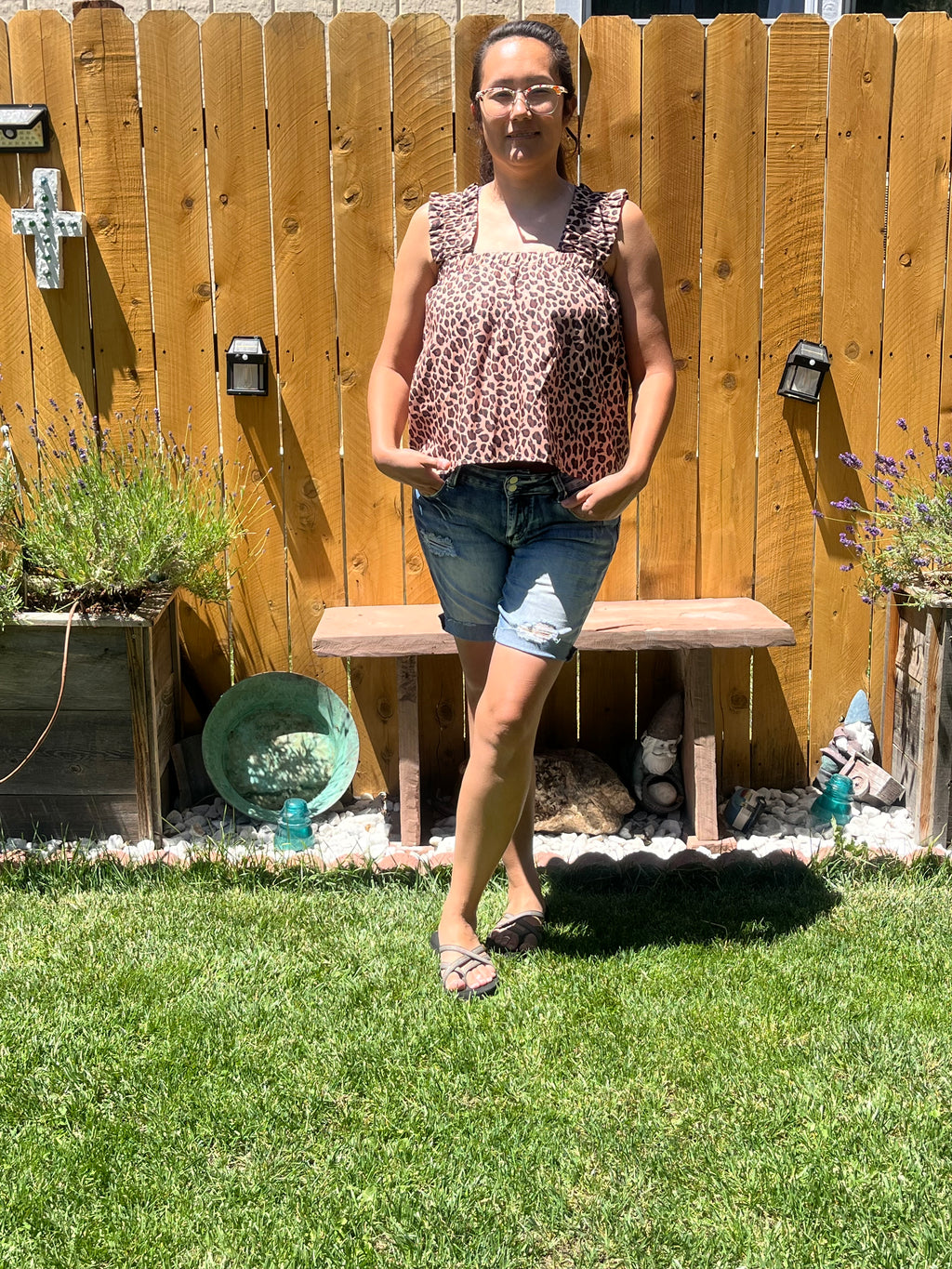 Leopard Print Frilled Square Neck Tank Top